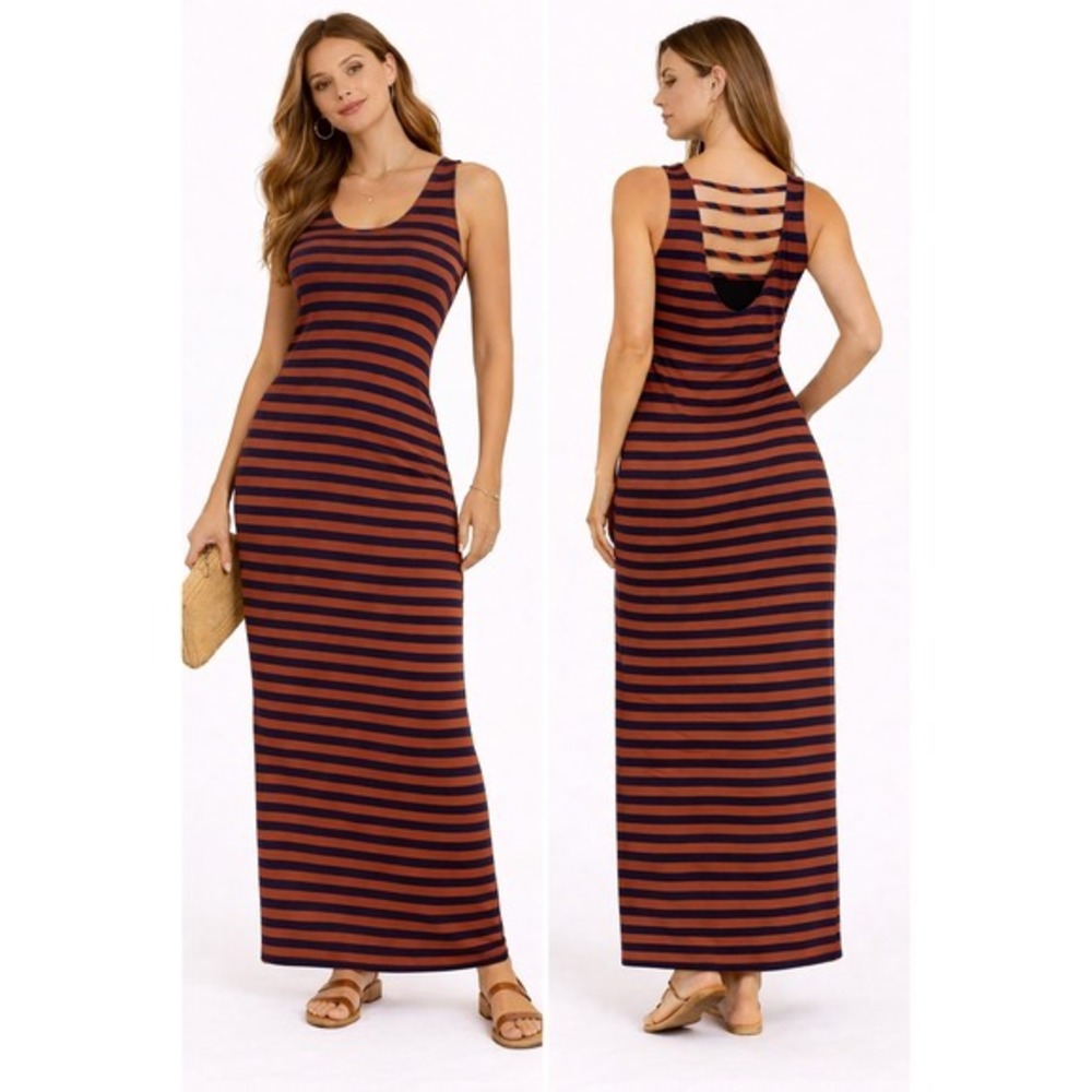 Rust Orange Navy Blue Striped Ladder Back Sleeveless Maxi Dress‎ Summer Gown